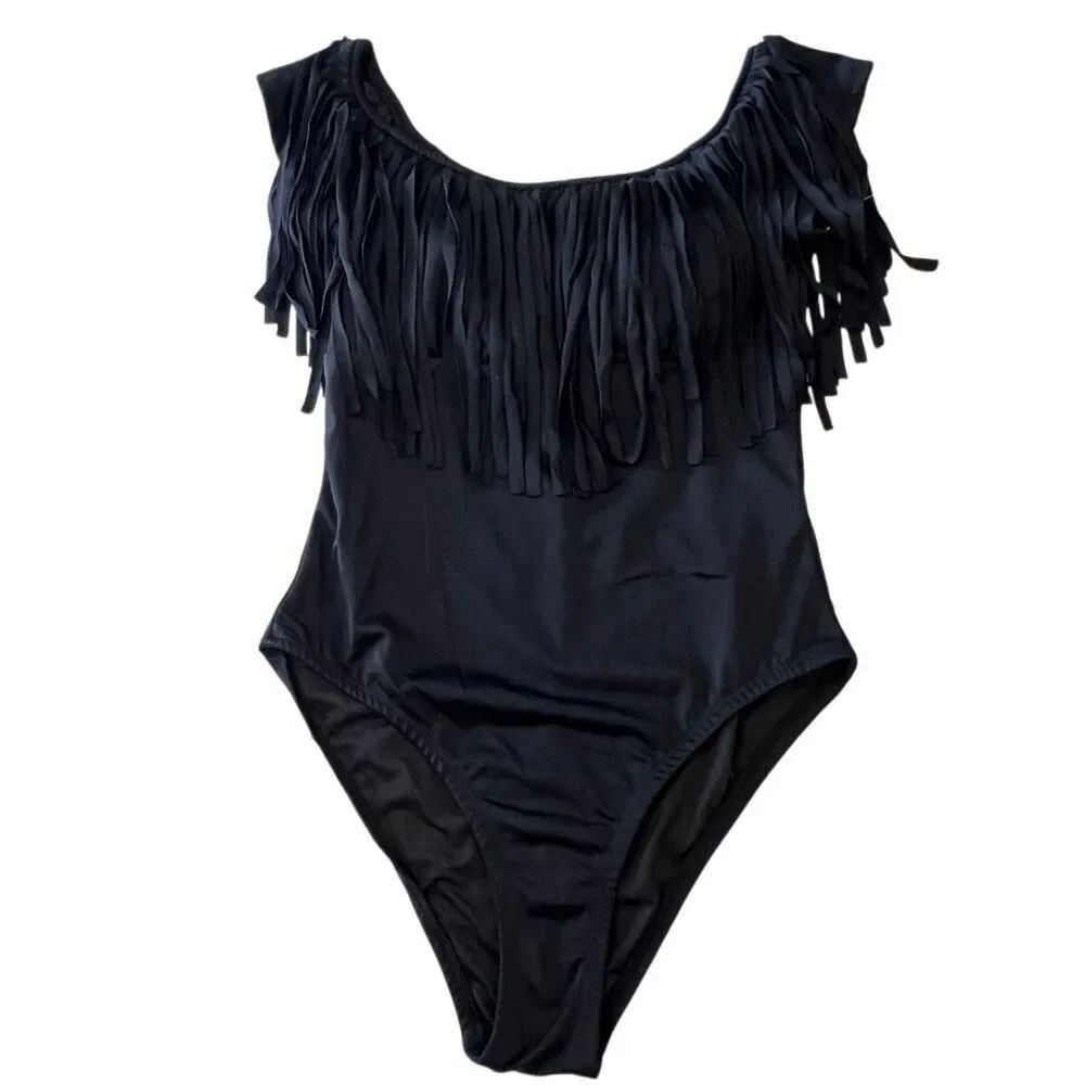Amita Naithani Women's Scoop Neck Stretch Fringe One Piece Swimsuit Black Size 8